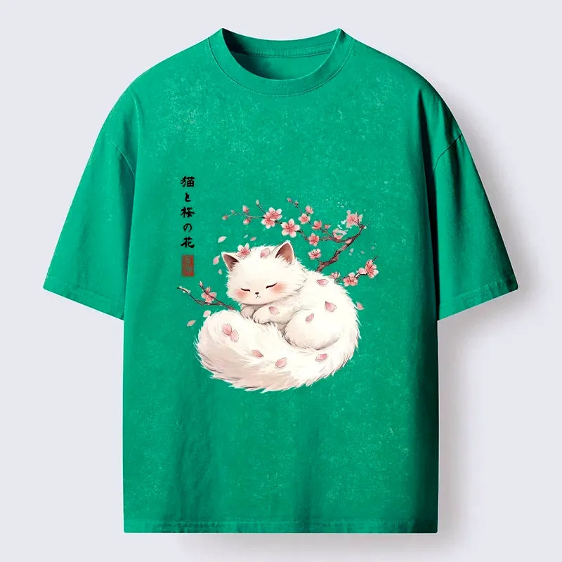 Kyoto-Lion Soft Sakura White Cat Peaceful Sleep Washed T-Shirt