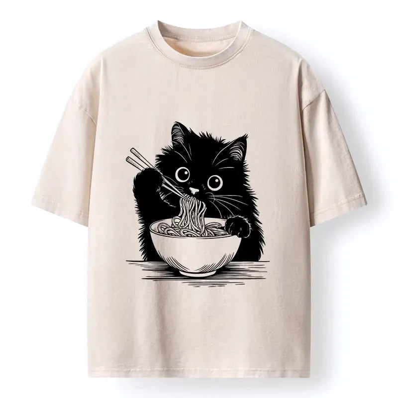 Kyoto-Lion Black Cat Eating Ramen Funny Line Art Washed T-Shirt