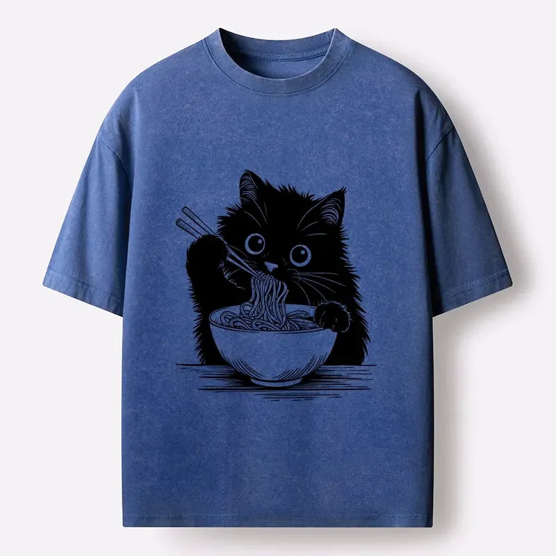 funny black cat eating ramen t-shirt