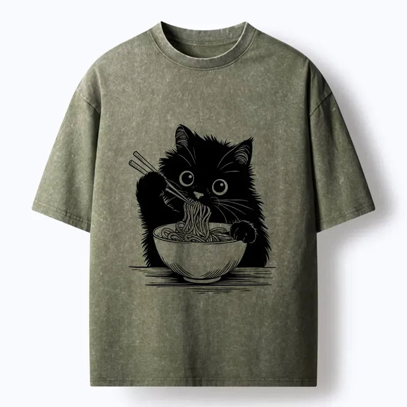 funny black cat eating ramen t-shirt