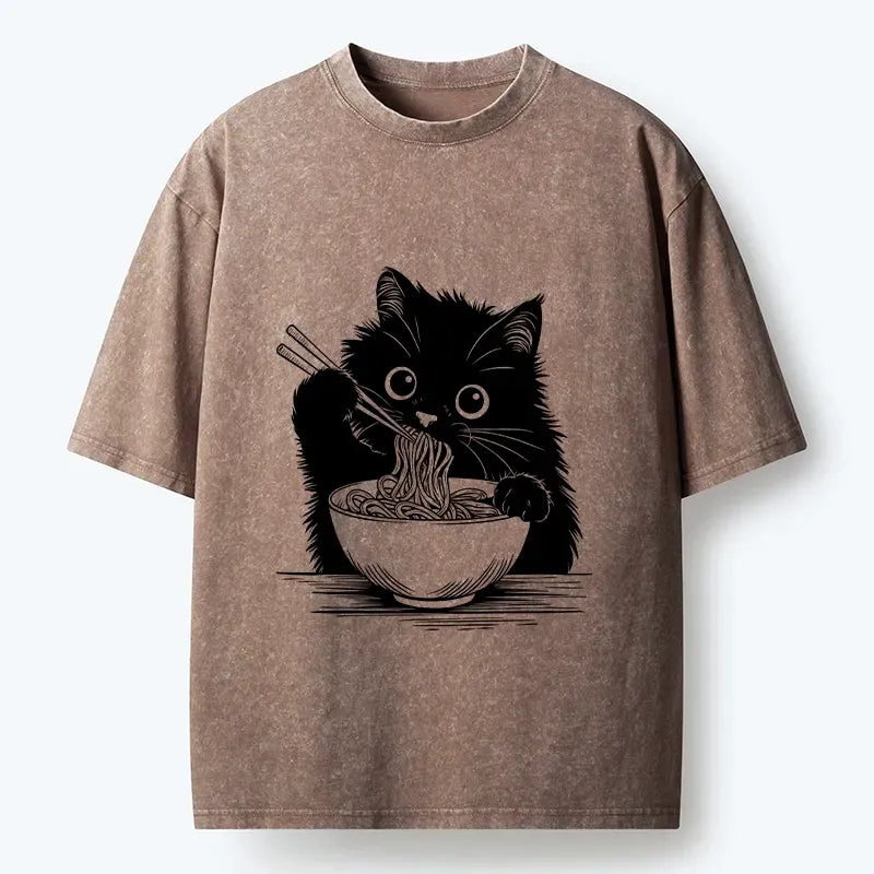 Kyoto-Lion Black Cat Eating Ramen Funny Line Art Washed T-Shirt