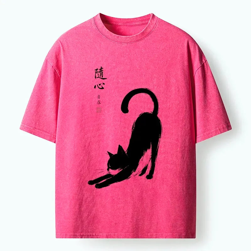 Kyoto-Lion Zen Ink Wash Cat Stretching Art Washed T-Shirt