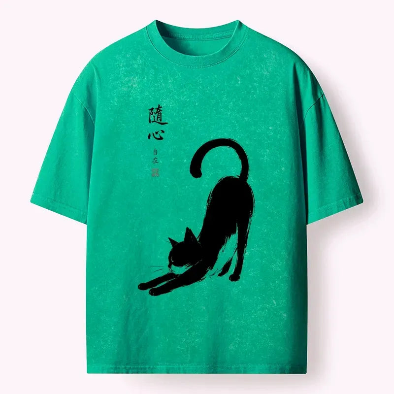 Kyoto-Lion Zen Ink Wash Cat Stretching Art Washed T-Shirt