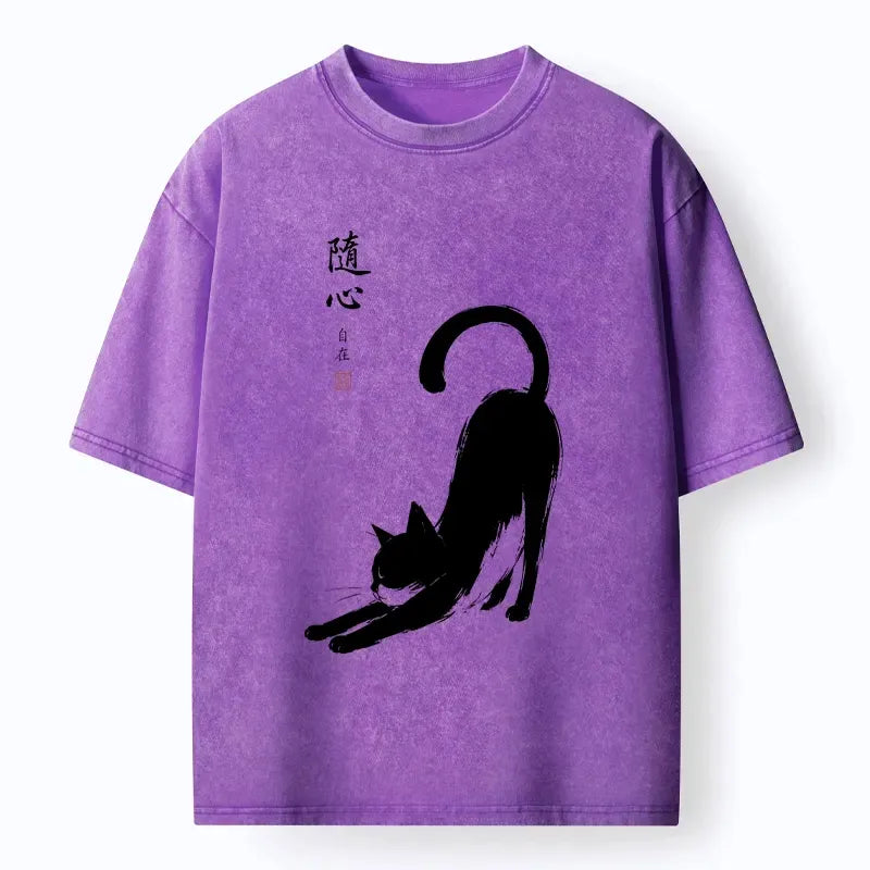 Kyoto-Lion Zen Ink Wash Cat Stretching Art Washed T-Shirt