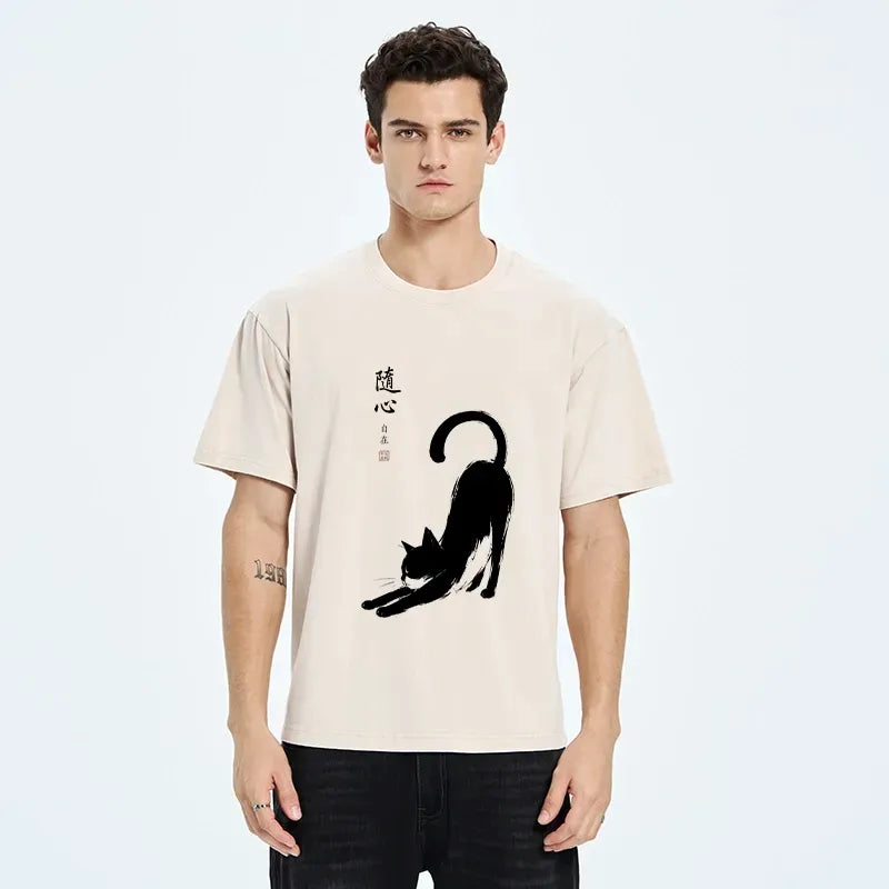 Japanese Zen Cat Art Washed T-Shirt