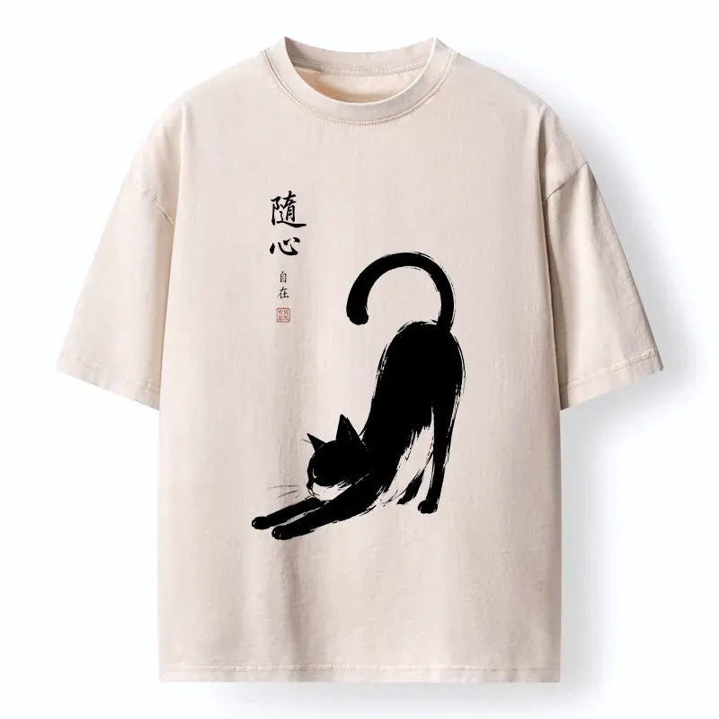Japanese Zen Cat Art Washed T-Shirt