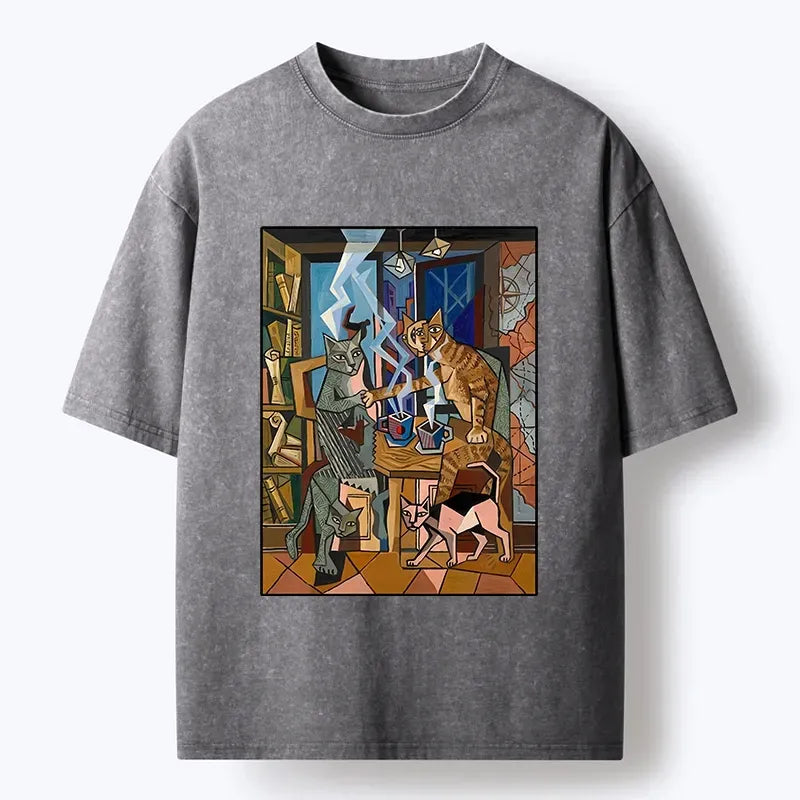 Kyoto-Lion Cubist Coffee Cats Room Art Washed T-Shirt