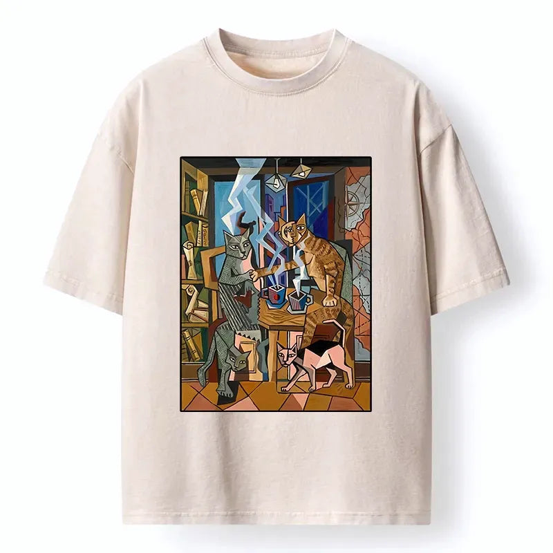 Kyoto-Lion Cubist Coffee Cats Room Art Washed T-Shirt