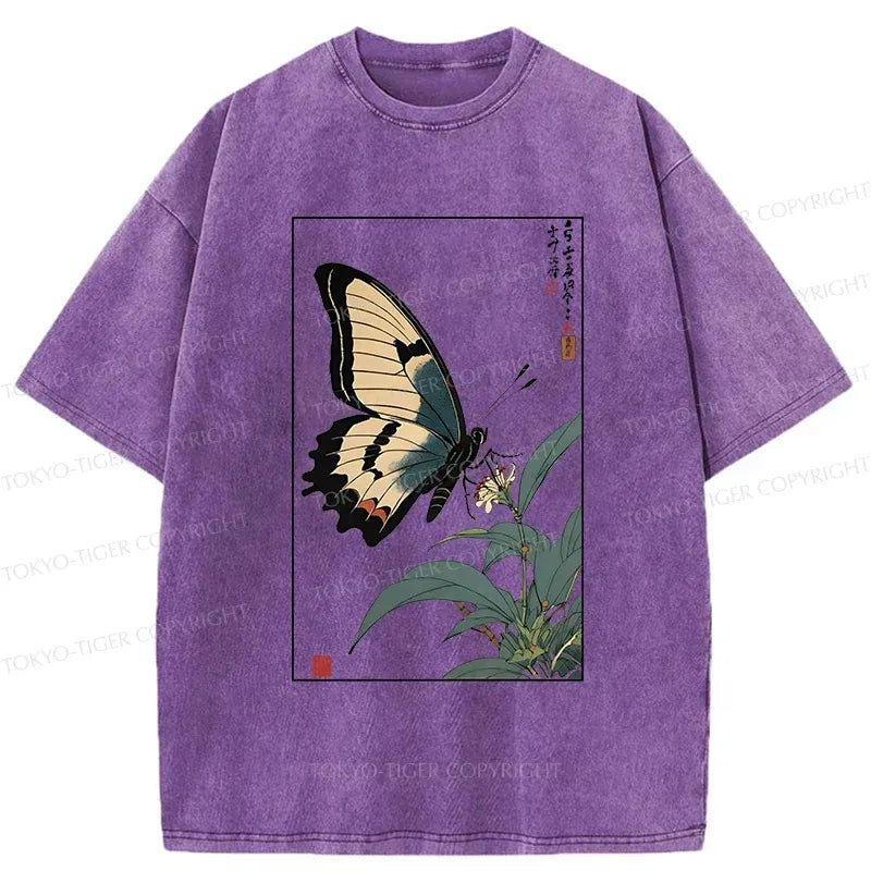 Kyoto-Lion Ukiyo-e Butterfly Washed T-Shirt