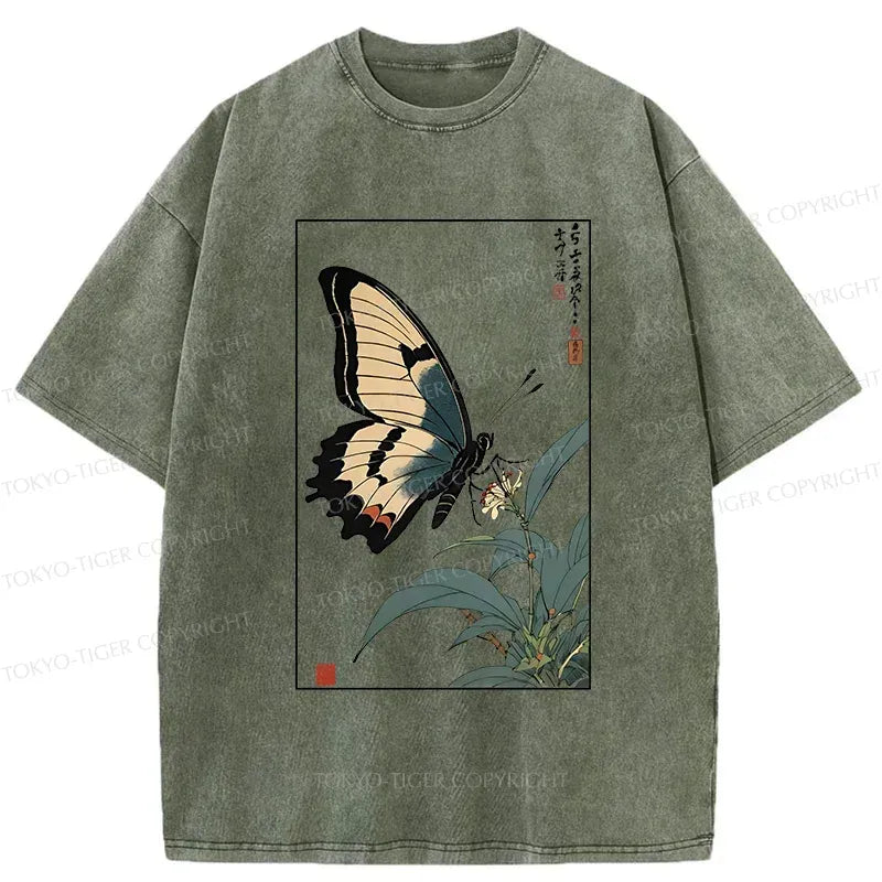 Kyoto-Lion Ukiyo-e Butterfly Washed T-Shirt