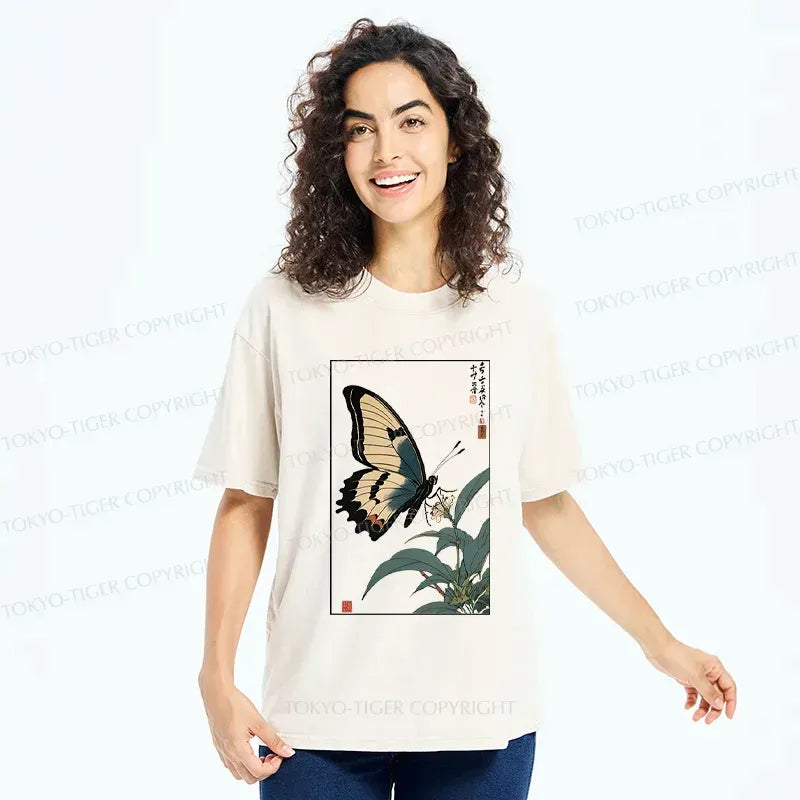 Kyoto-Lion Ukiyo-e Butterfly Washed T-Shirt