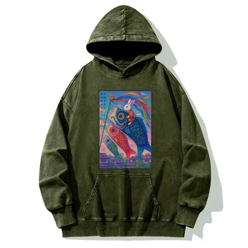 Kyoto-Lion Ukiyoe Rabbit Ride Carp Streamer Poster Washed Hoodie