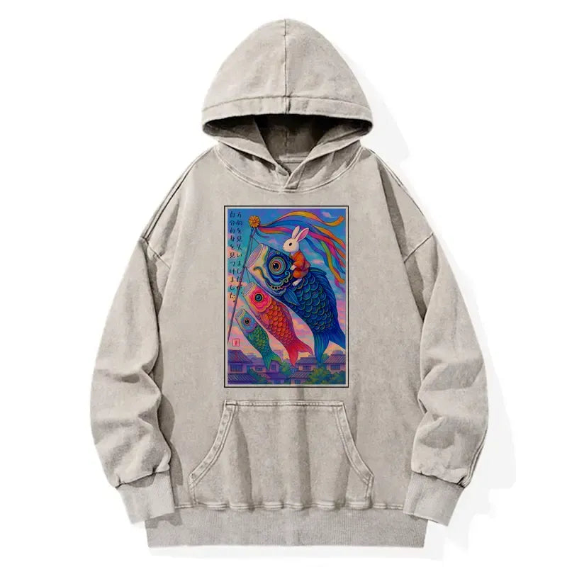 Kyoto-Lion Ukiyoe Rabbit Ride Carp Streamer Poster Washed Hoodie