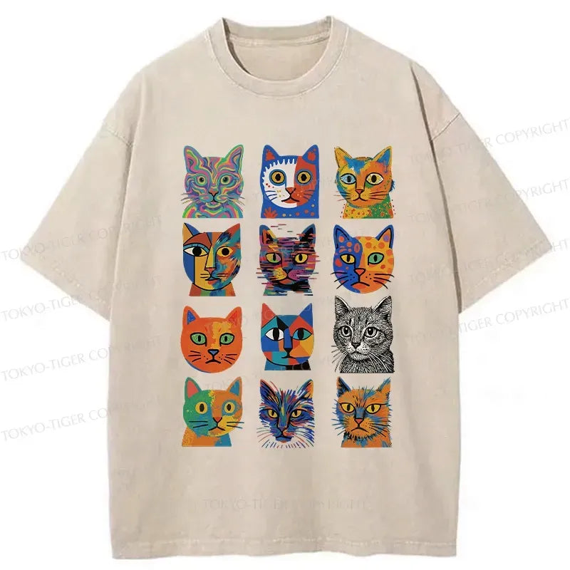 Kyoto-Lion Abstract Cats Collection Washed T-Shirt