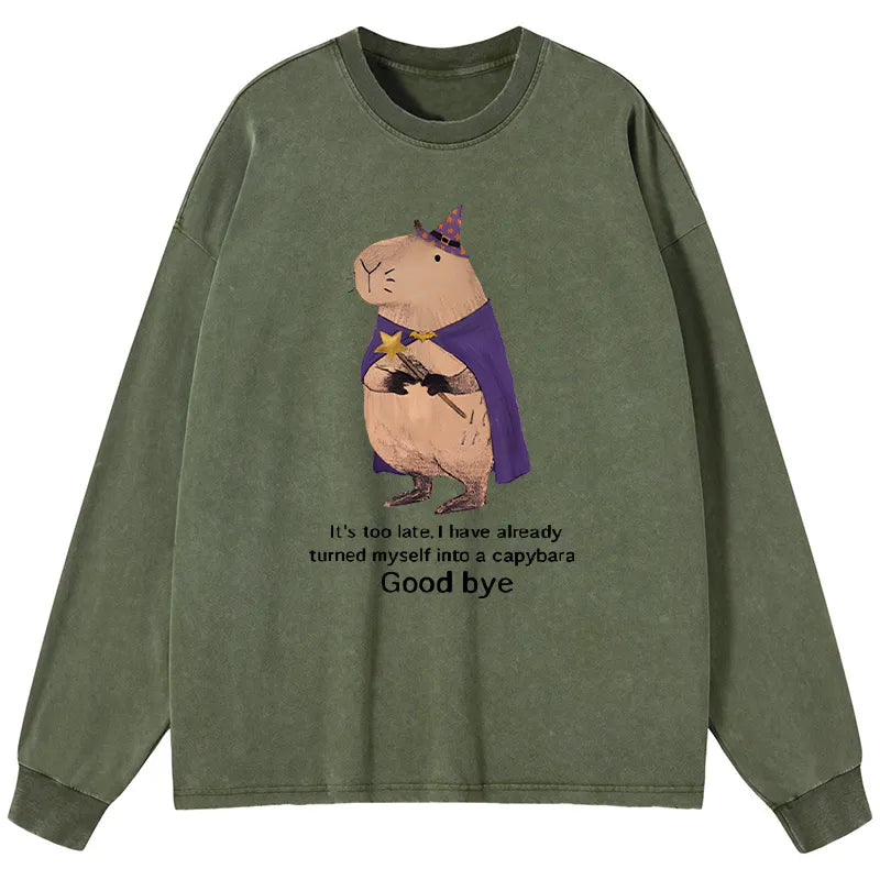 Kyoto-Lion Funny Wizard Capybara Washed Long Sleeve T-Shirt
