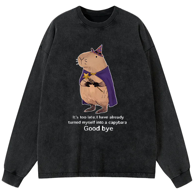 Kyoto-Lion Funny Wizard Capybara Washed Long Sleeve T-Shirt