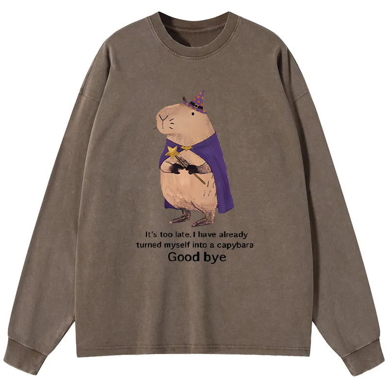 Kyoto-Lion Funny Wizard Capybara Washed Long Sleeve T-Shirt