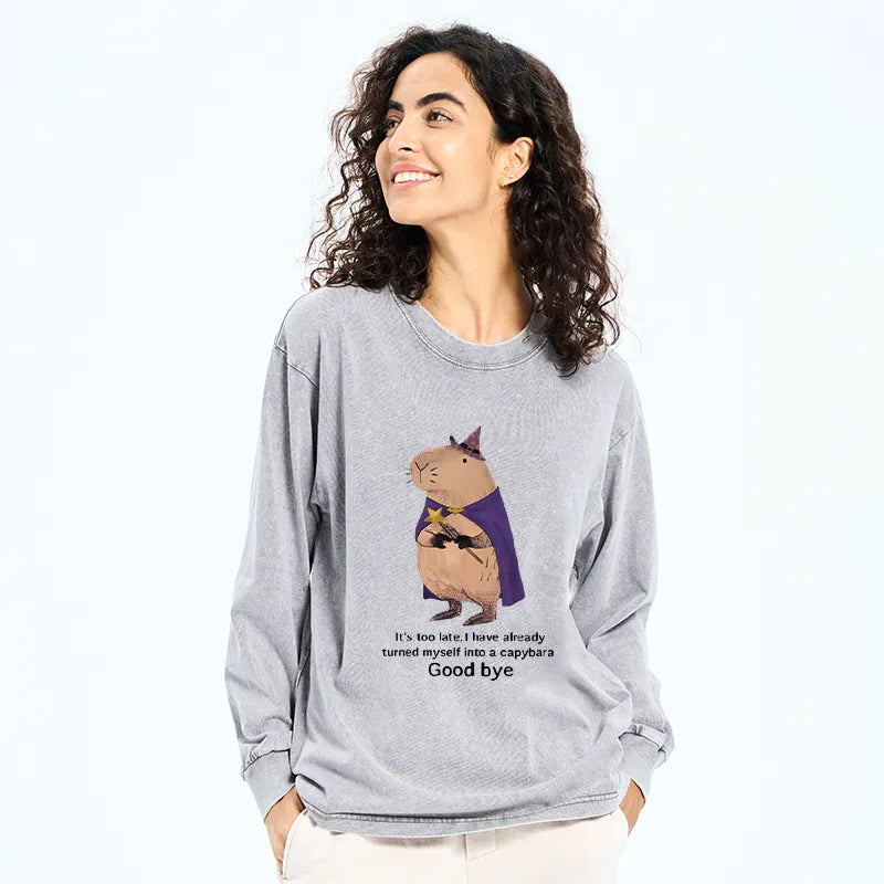 Kyoto-Lion Funny Wizard Capybara Washed Long Sleeve T-Shirt