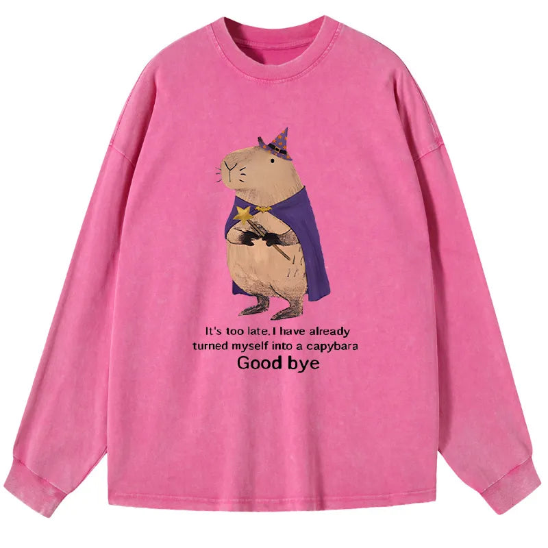 Kyoto-Lion Funny Wizard Capybara Washed Long Sleeve T-Shirt