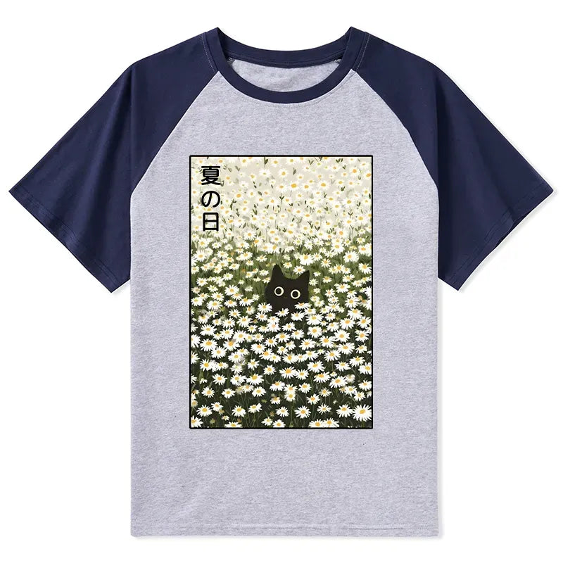 Japanese black cat raglan t-shirt for summer