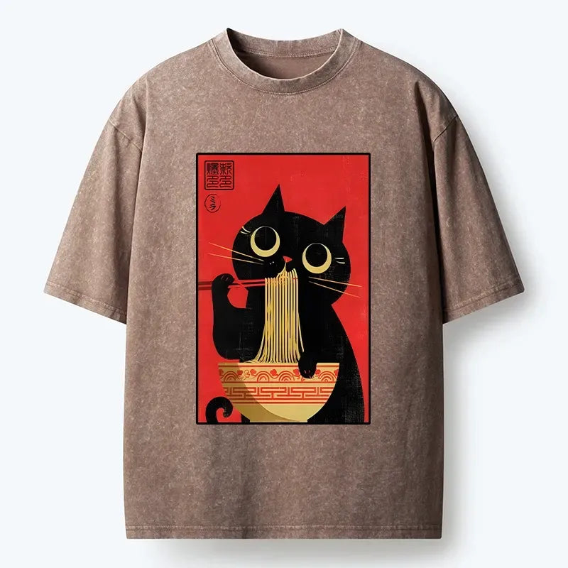 Kyoto-Lion Cat Eats Ramen Like A Pro Washed T-Shirt