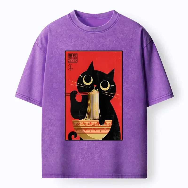Kyoto-Lion Cat Eats Ramen Like A Pro Washed T-Shirt