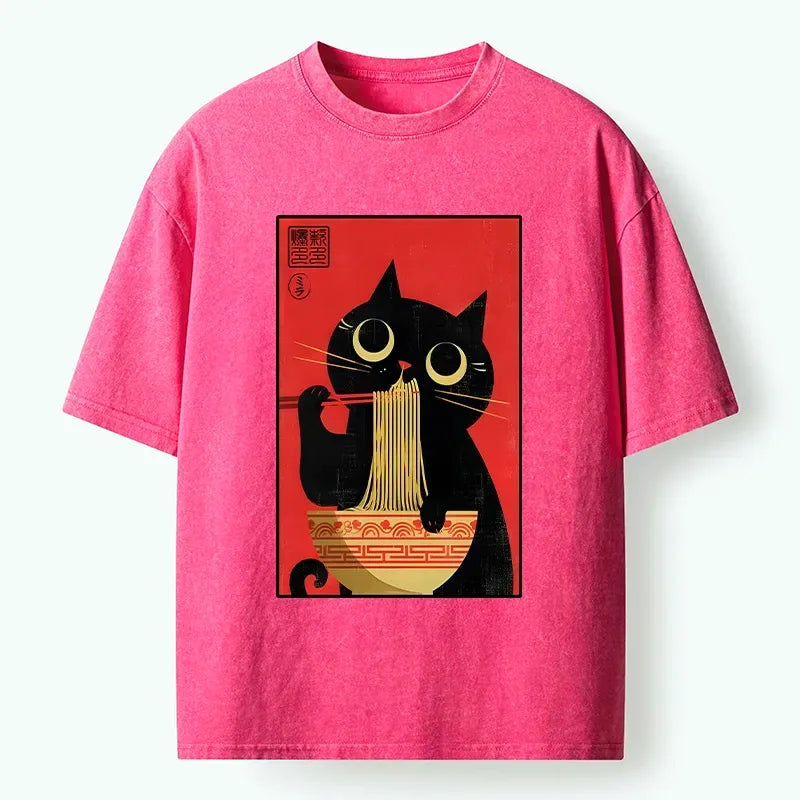 Japanese Cat Ramen Washed T-Shirt