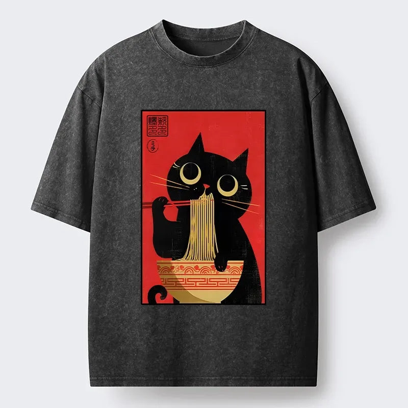 Kyoto-Lion Cat Eats Ramen Like A Pro Washed T-Shirt