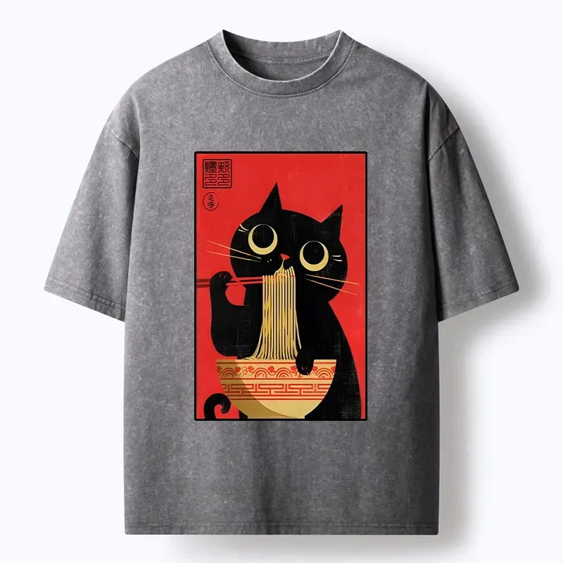 Japanese Cat Ramen Washed T-Shirt
