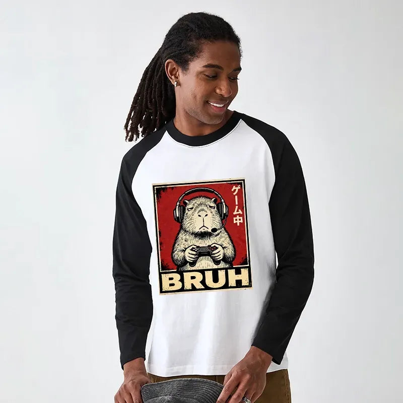Kyoto-Lion Funny Capybara Playing Games Raglan Long Sleeve T-shirt