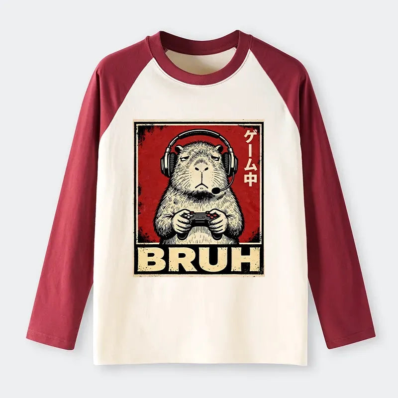 Kyoto-Lion Funny Capybara Playing Games Raglan Long Sleeve T-shirt