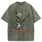 Kyoto-Lion Robot Cat Playing Bass Washed T-Shirt