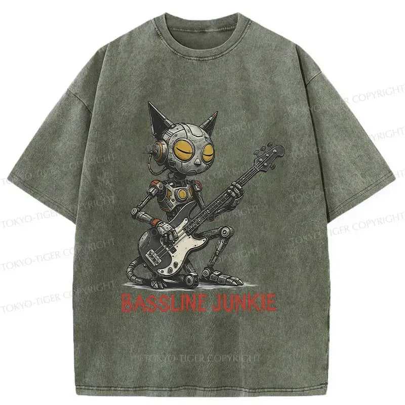 Kyoto-Lion Robot Cat Playing Bass Washed T-Shirt