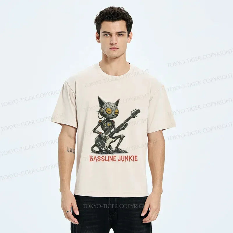 Kyoto-Lion Robot Cat Playing Bass Washed T-Shirt