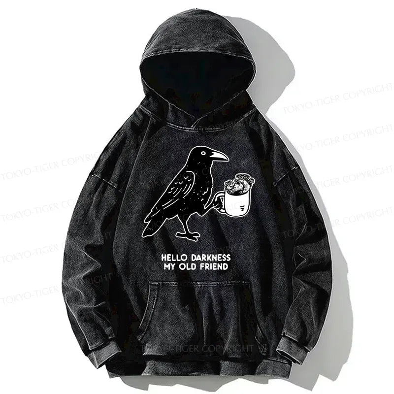 Kyoto-Lion Crow Drinking Black Coffee Funny Washed Hoodie