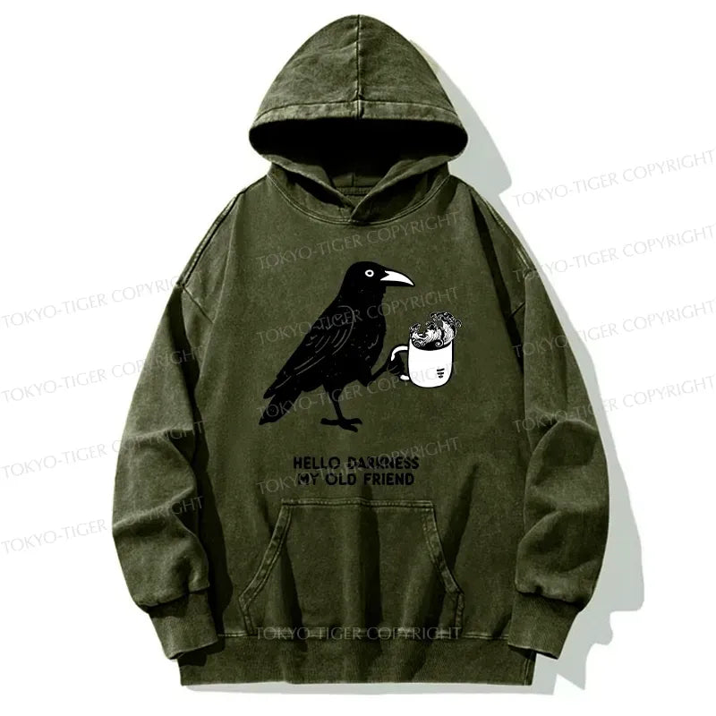Kyoto-Lion Crow Drinking Black Coffee Funny Washed Hoodie