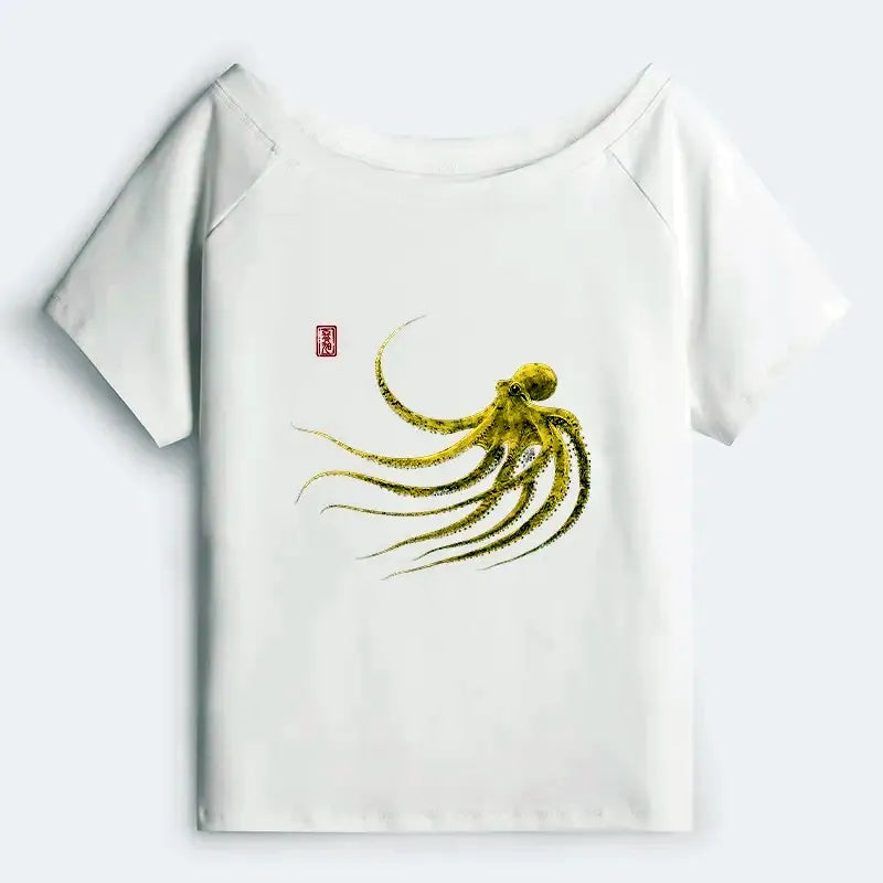 Kyoto-Lion Retro Octopus Japanese Off Shoulder T-Shirt