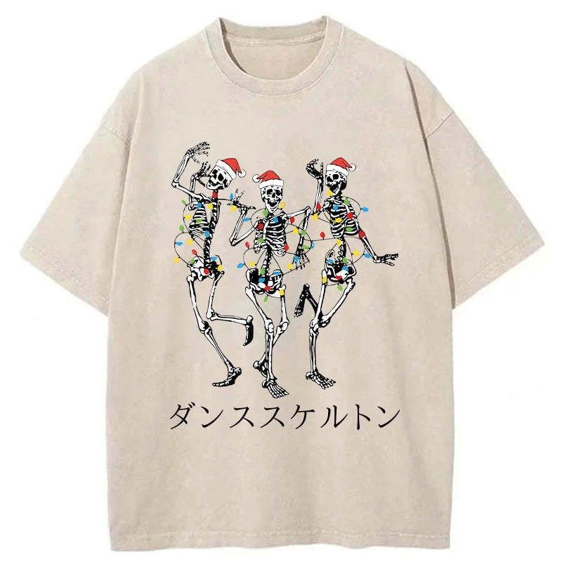 Kyoto-Lion Skeleton Dancing Christmas Washed T-Shirt