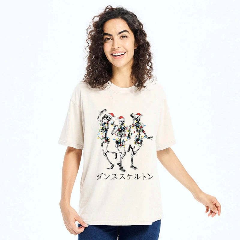 Kyoto-Lion Skeleton Dancing Christmas Washed T-Shirt