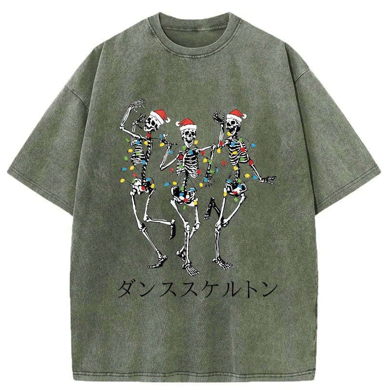 Kyoto-Lion Skeleton Dancing Christmas Washed T-Shirt