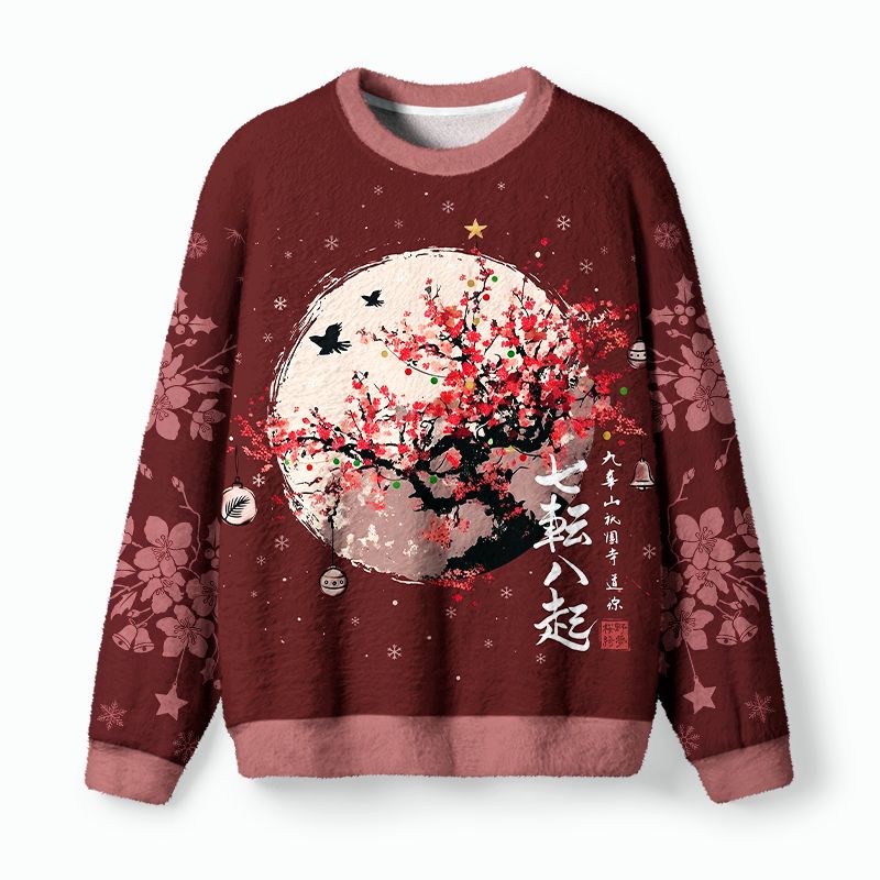 Kyoto-Lion Winter Plum Resilience Fuzzy Christmas Ugly Sweatshirt