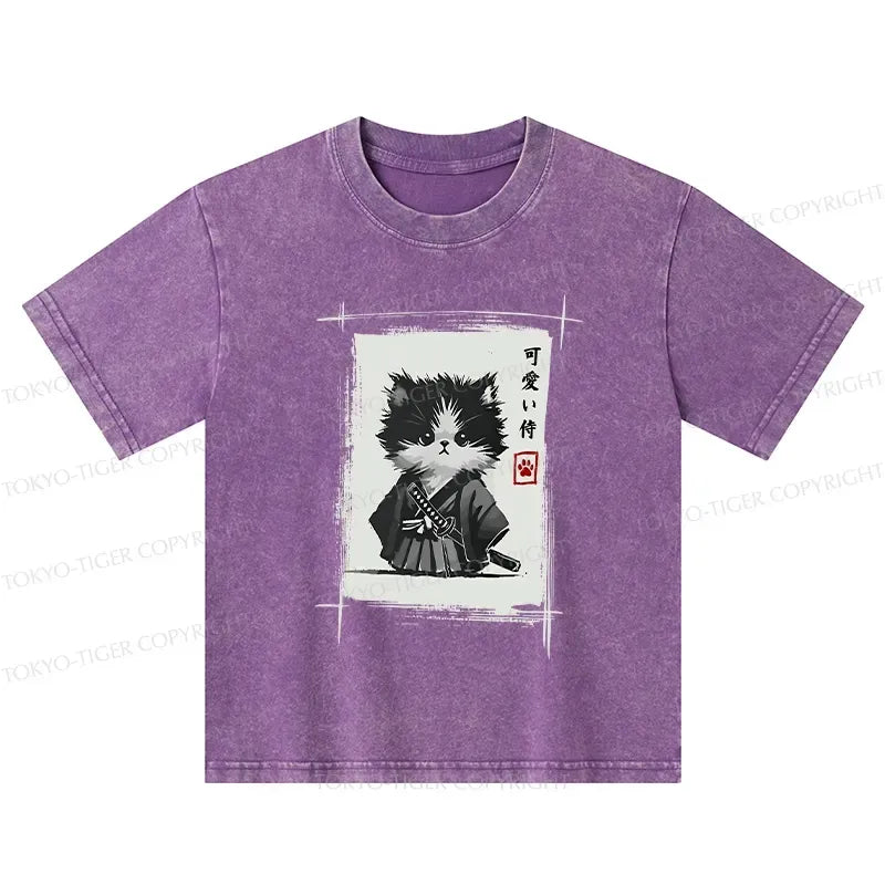 Washed Samurai Kitten T-Shirt for Kids