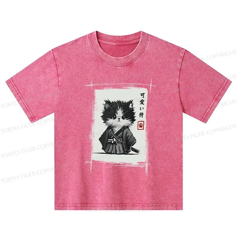 Kyoto-Lion Kitten Samurai Kids Washed T-Shirt