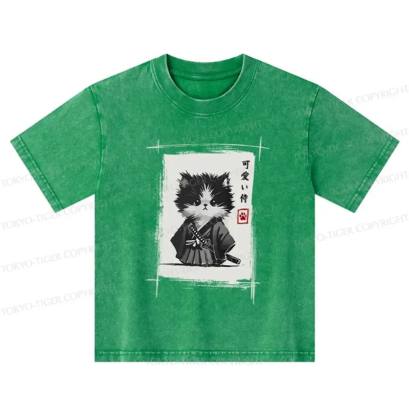 Kyoto-Lion Kitten Samurai Kids Washed T-Shirt