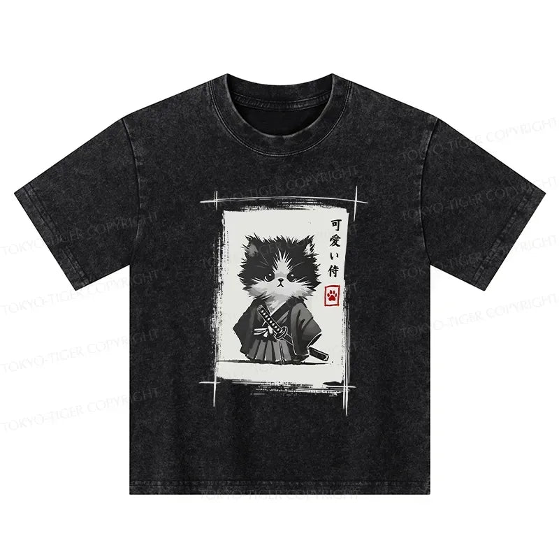 Kyoto-Lion Kitten Samurai Kids Washed T-Shirt