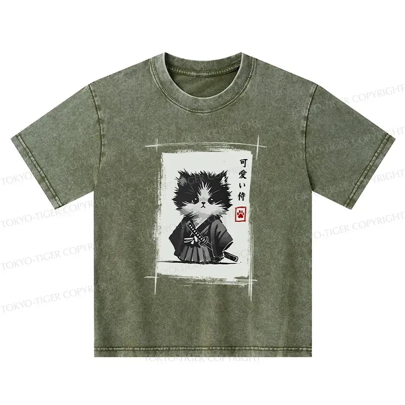 Washed Samurai Kitten T-Shirt for Kids