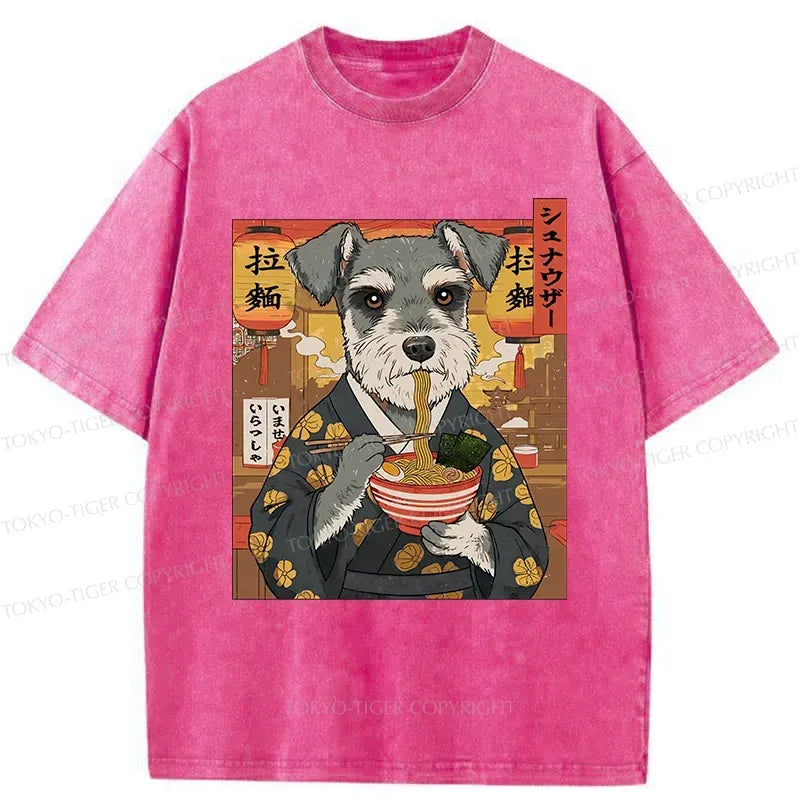 Kyoto-Lion Schnauzer Eating Ramen Washed T-Shirt