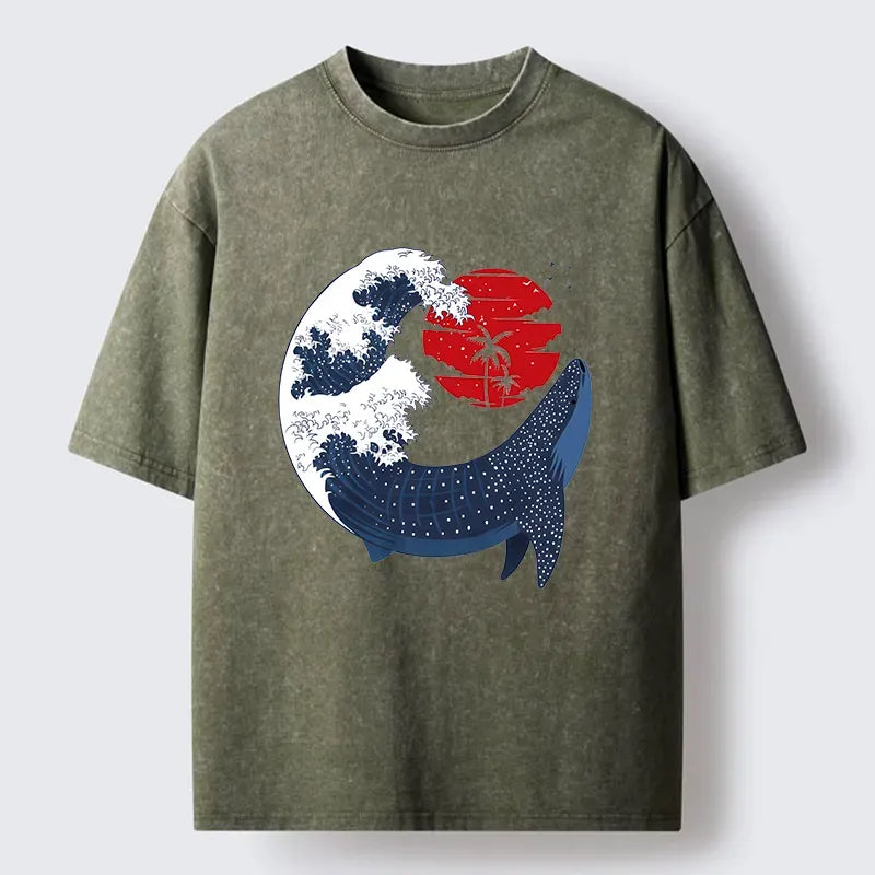Kyoto-Lion Japanese Whale Wave Washed T-Shirt