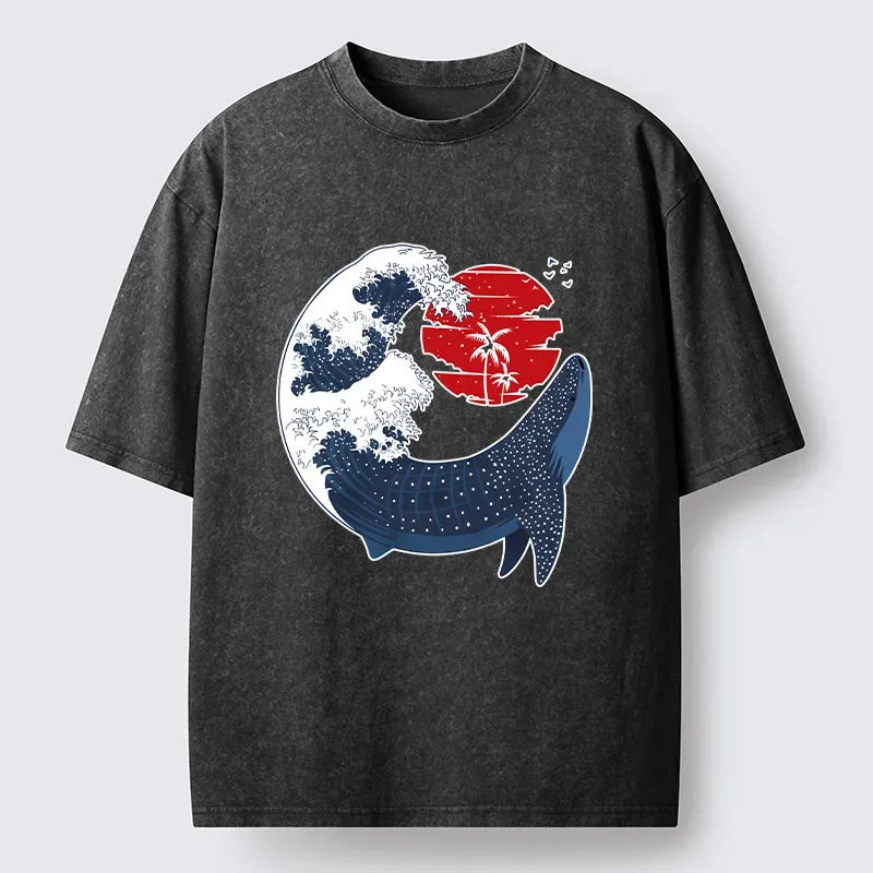 Kyoto-Lion Japanese Whale Wave Washed T-Shirt