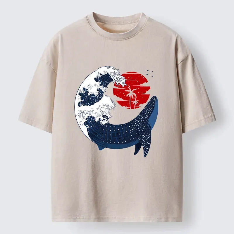 Kyoto-Lion Japanese Whale Wave Washed T-Shirt